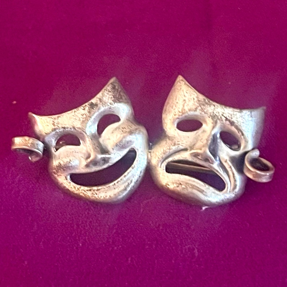 Vintage Sterling Silver Comedy & Tragedy Theatre Mask Brooch, 1 3/4" length